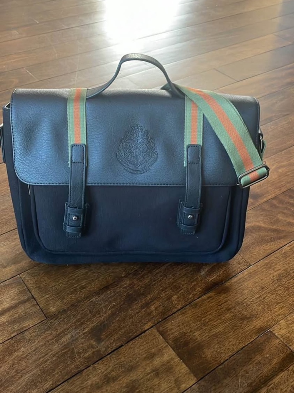 Black Men’s Messenger Bag with Green-Orange Web Strap